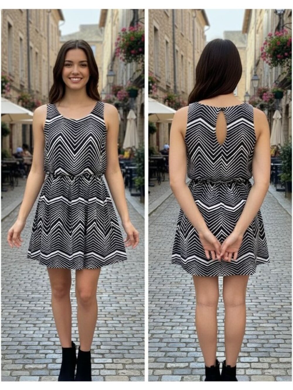 Sequin Hearts Skater Sleeveless Dress Junior Small Keyhole Back Black White